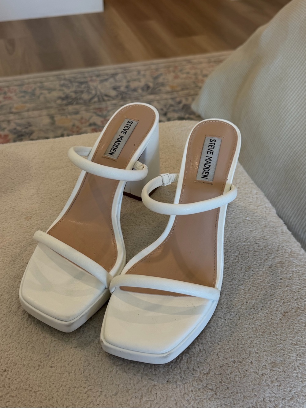 Steve Madden White Double-Strap Square Toe Block Heels